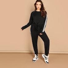 Shein Plus Contrast Sideseam Knot Hem Pullover And Pants Set