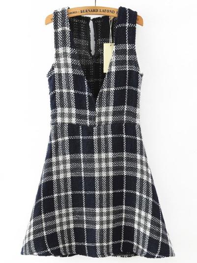 Shein Navy Deep V Neck Sleeveless Plaid Dress