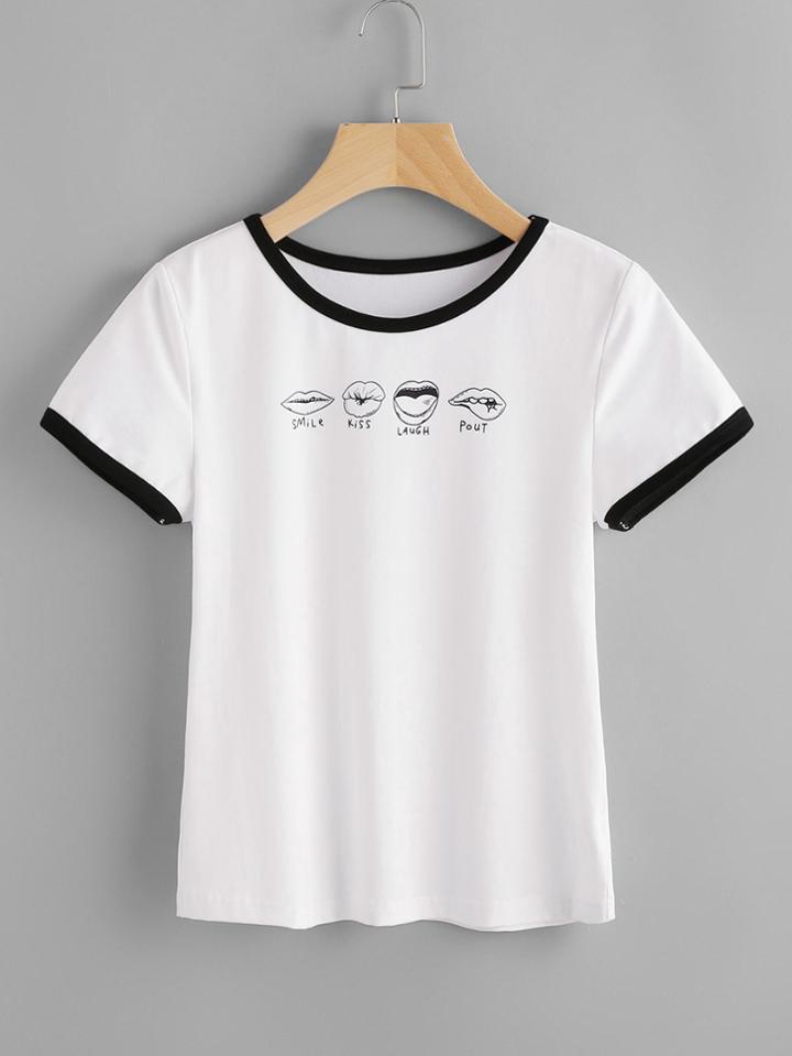 Shein Lip Print Ringer Tee