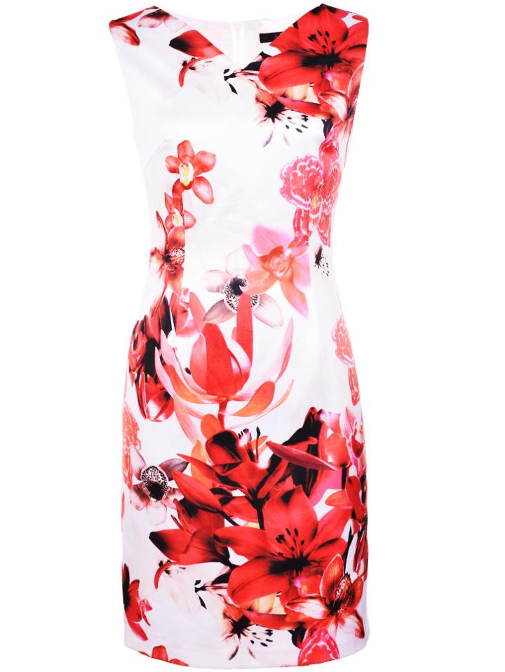 Shein White V Neck Flowers Print Sheath Dress
