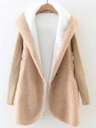Shein Khaki Hooded Faux Shearling Coat With Knit Sleeve