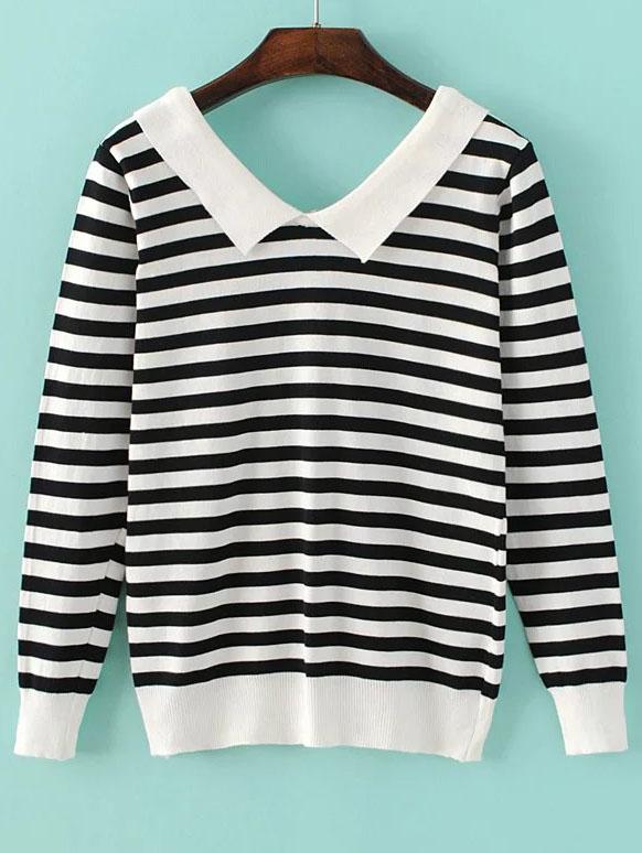 Shein Black Contrast Striped Lapel Knitwear