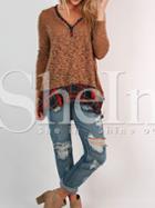 Shein Brown Contrast Plaid Hem T-shirt