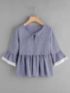 Shein Contrast Lace Trim Gingham Babydoll Blouse