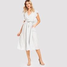 Shein Ruffle Sleeve Tie Waist Stripe Dress