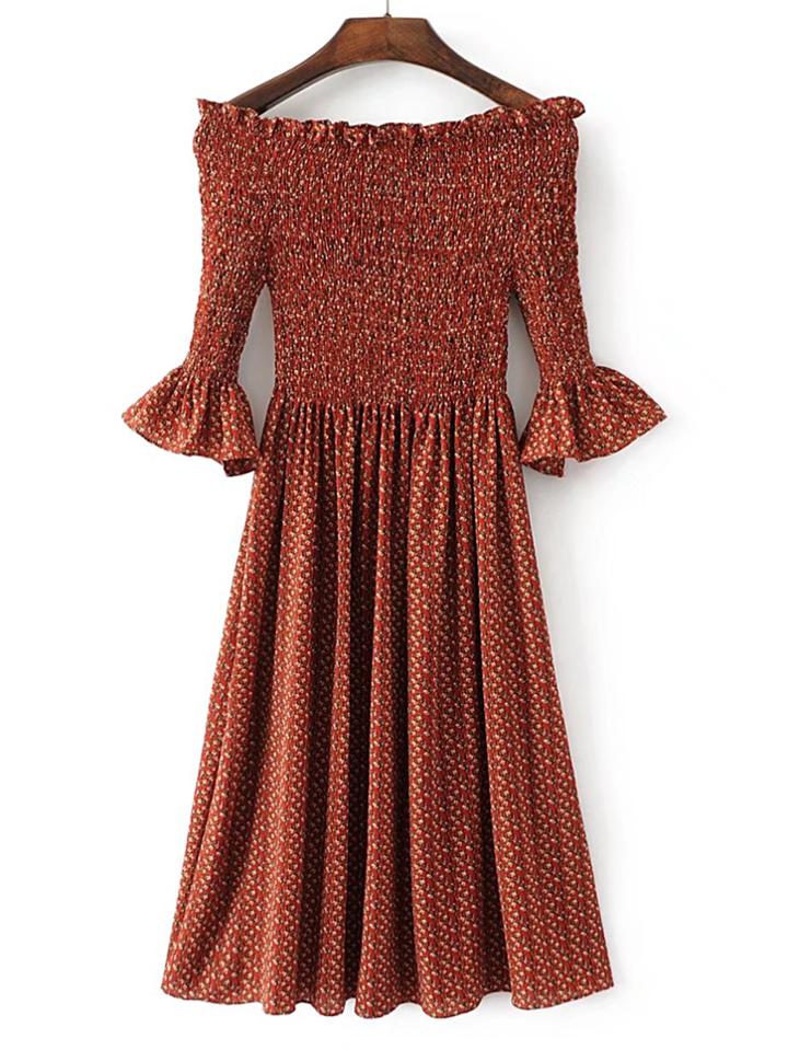 Shein Boat Neckline Bell Sleeve Pleated Dress