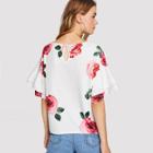 Shein Rose Print Layered Bell Sleeve Top