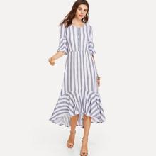 Shein Half Placket Bell Sleeve Striped Dress