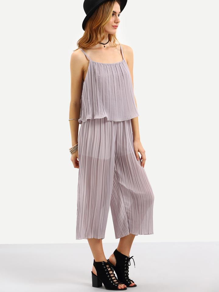 Shein Ruffled Pleated Wide Leg Cami Jumpsuit - Grey