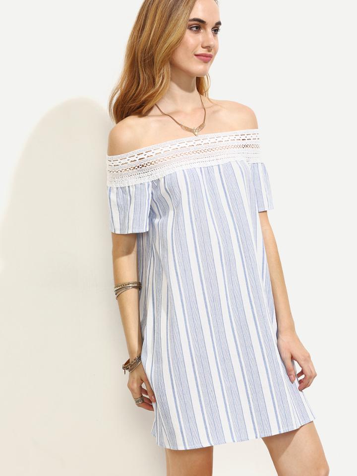 Shein Blue Vertical Striped Off The Shoulder Shift Dress