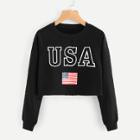 Shein Usa Flag Print Crop Raglan Pullover