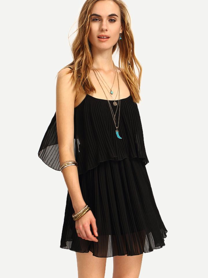Shein Cutout Layered Pleated Chiffon Cami Dress - Black