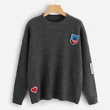 Shein Round Neck Patched Sweater