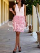 Shein Pink Feather Splicing Sleeveless Plunge Dress