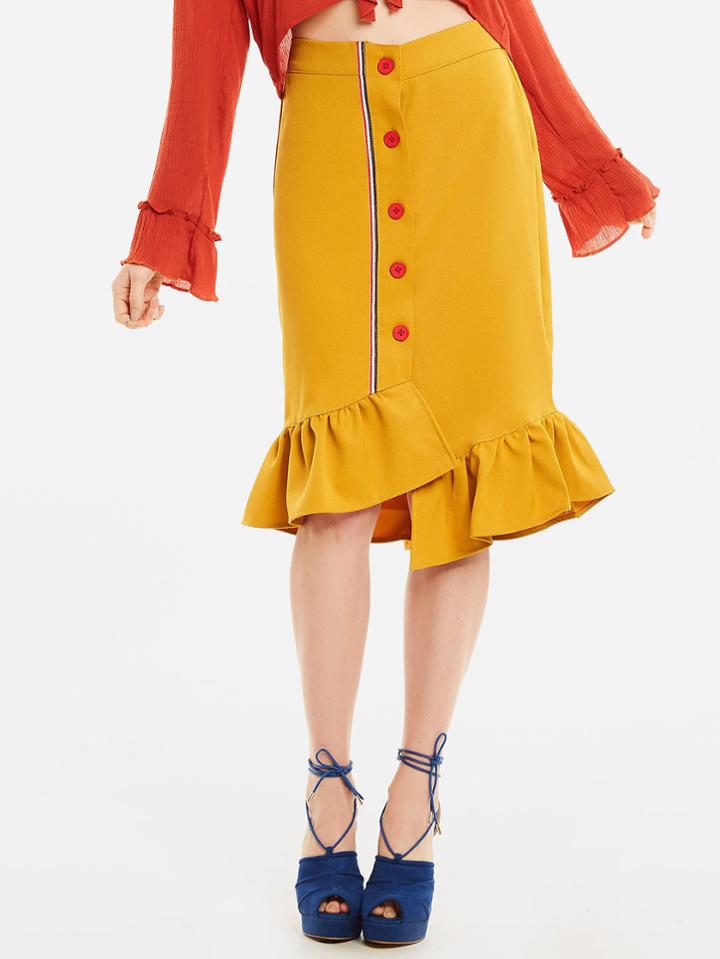 Shein Stripe Tape Detail Button Front Frill Hem Skirt