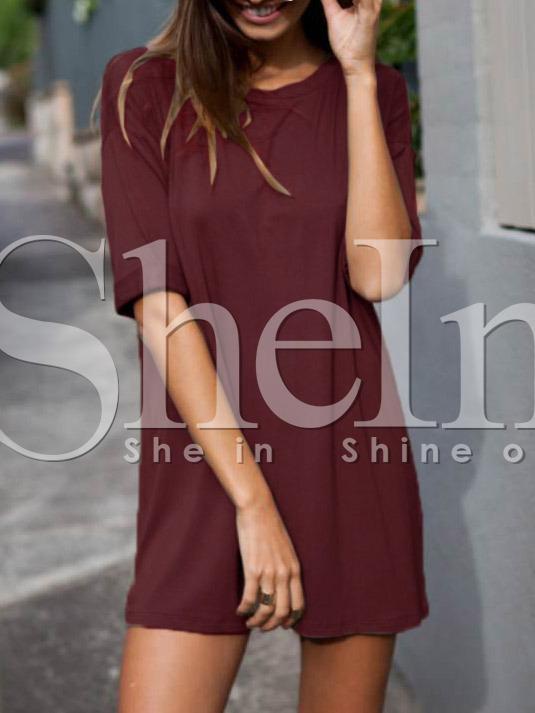 Shein Wine Red Half Sleeve Round Neck Casual Dress