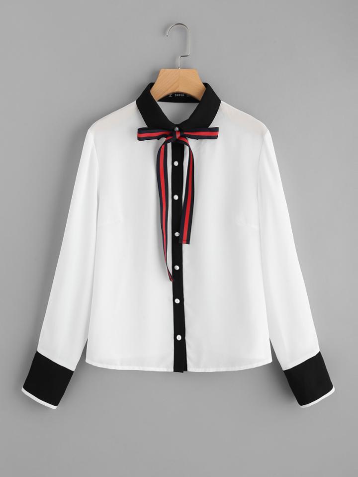 Shein Contrast Trim Pearl Button Blouse
