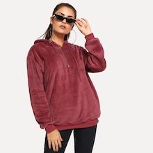 Shein Drawstring Hooded Teddy Sweatshirt
