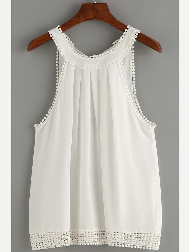 Shein White Knotted Back Pom-pom Top