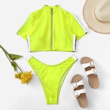 Shein Striped Zipper-up Top With High Cut Two Piece Swimwear