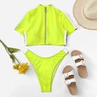 Shein Striped Zipper-up Top With High Cut Two Piece Swimwear