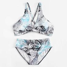 Shein Plus Leaf Print Cross Back Bikini Set