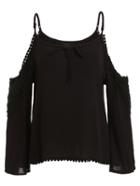 Shein Black Cold Shoulder Lace Insert Pom Pom Shirt