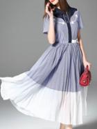 Shein Blue Lapel Striped Contrast Denim A-line Dress