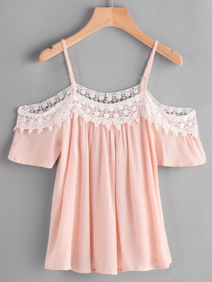 Shein Contrast Crochet Trim Cold Shoulder Top