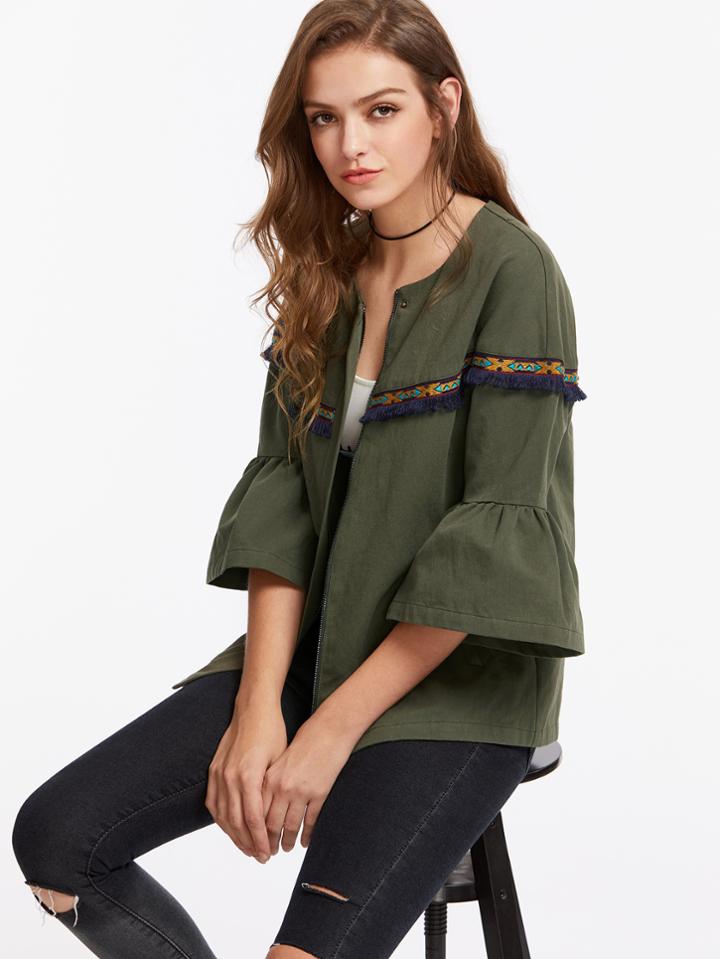 Shein Embroidery Fringe Tape Detail Fluted Sleeve Jacket