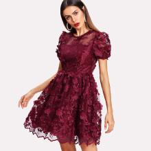 Shein Floral Applique Puff Sleeve Mesh Overlay Dress