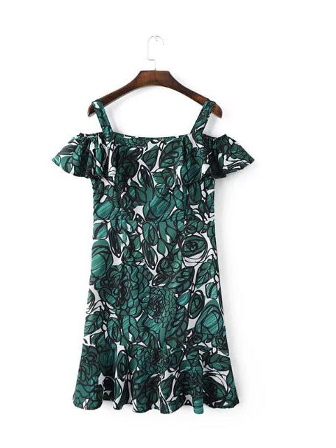 Shein Green Open Shoulder Floral Fishtail Dress