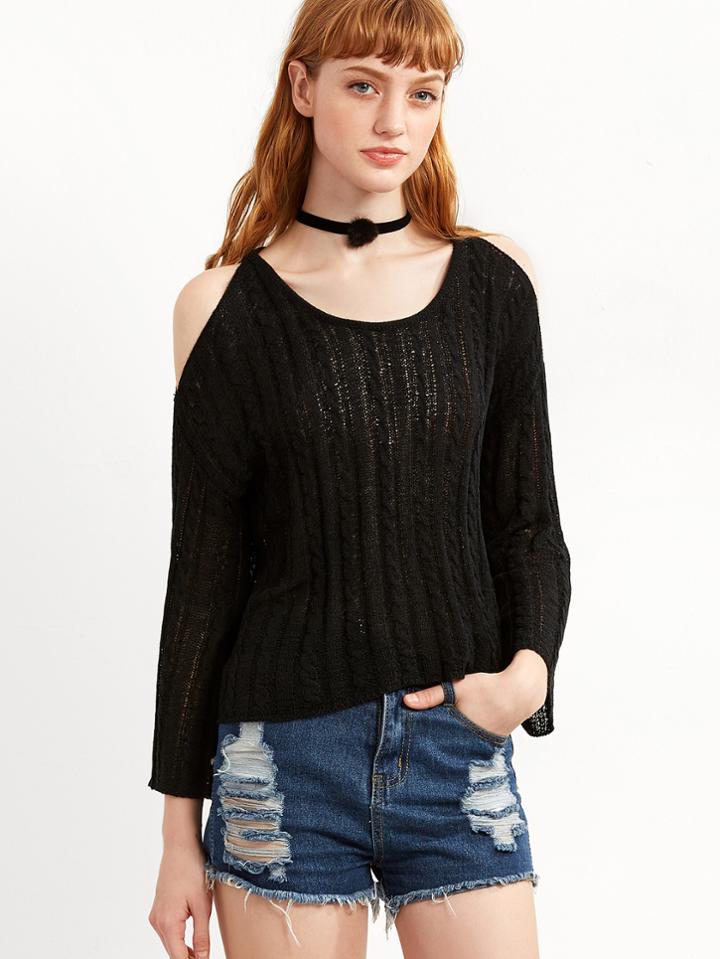 Shein Black Cable Pattern Open Shoulder Sweater