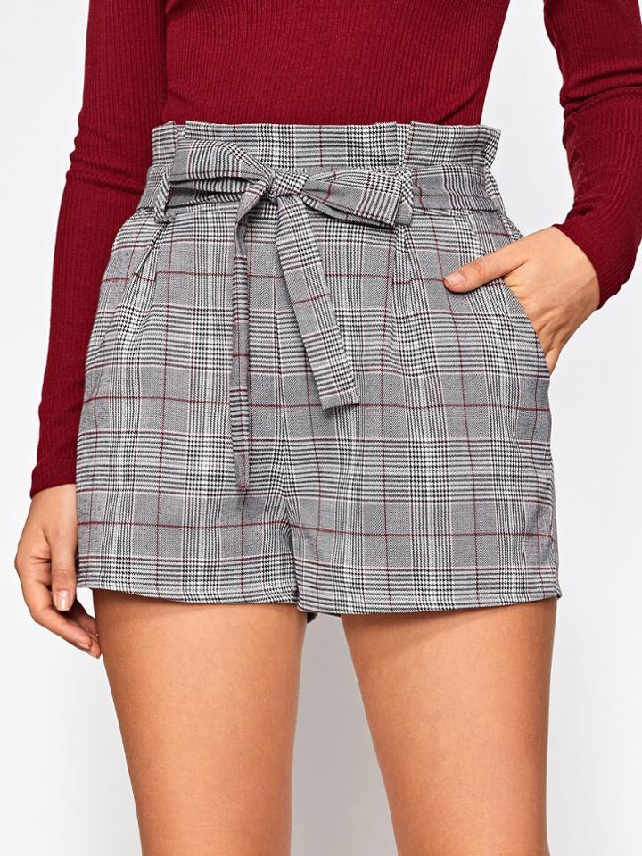 Shein Bow Tie Ruffle Waist Tailored Check Shorts