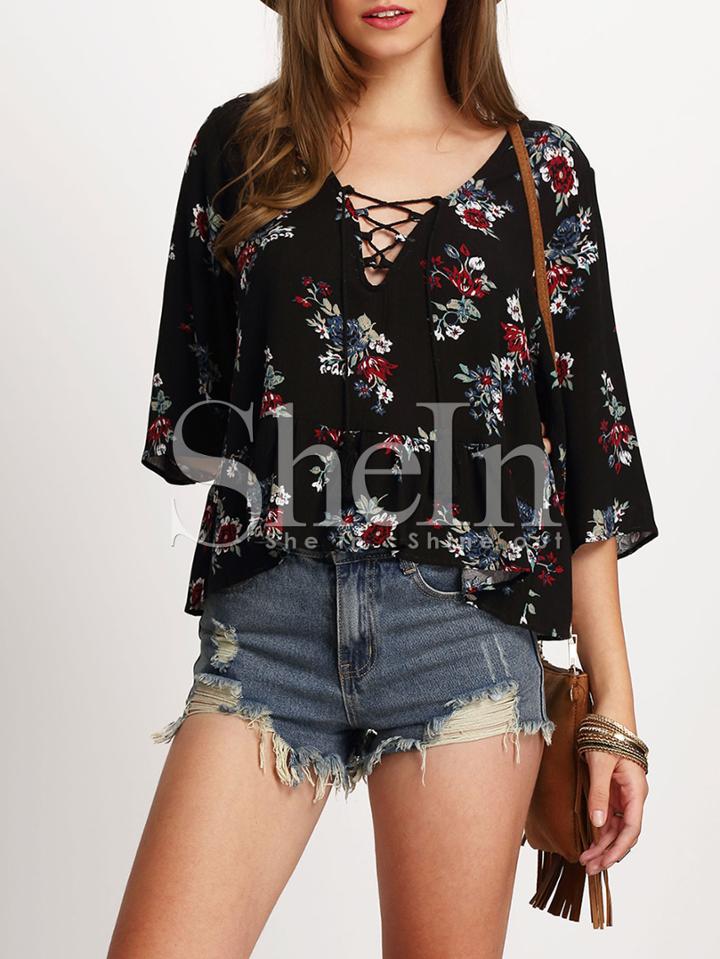 Shein Black Half Sleeve Lace Up Floral Print Dress