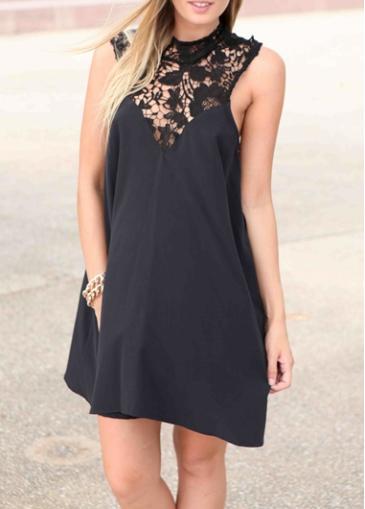 Rosewe Laconic Solid Black Sleeveless Hollow Design Summer Dress