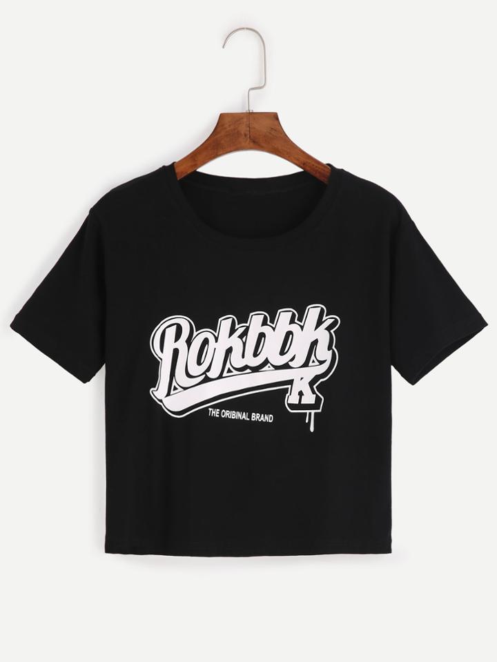 Shein Black Slogan Print Crop T-shirt