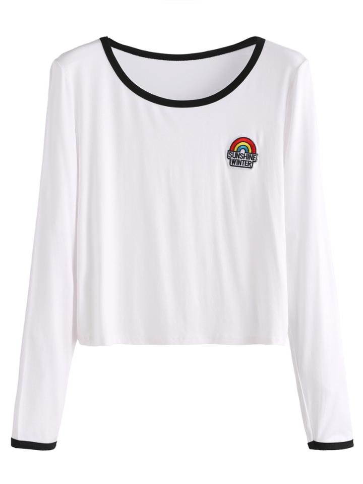 Shein White Sunshine Patch Crop Ringer T-shirt