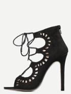 Shein Black Faux Suede Cutout Lace-up Heeled Sandals