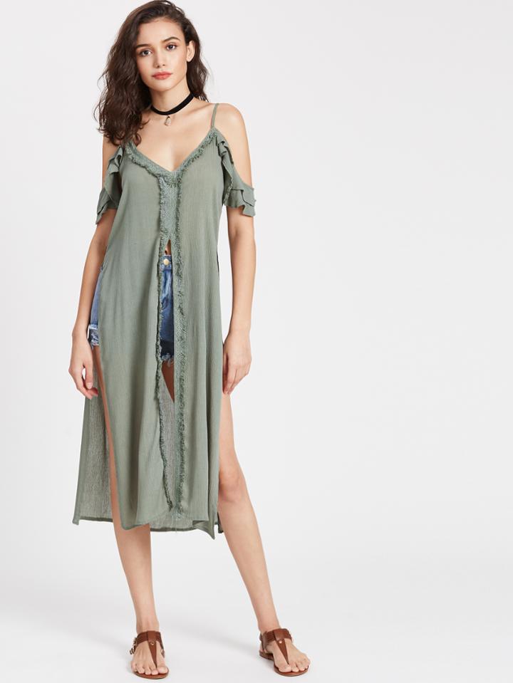Shein Cold Shoulder Frill Trim High Slit Top