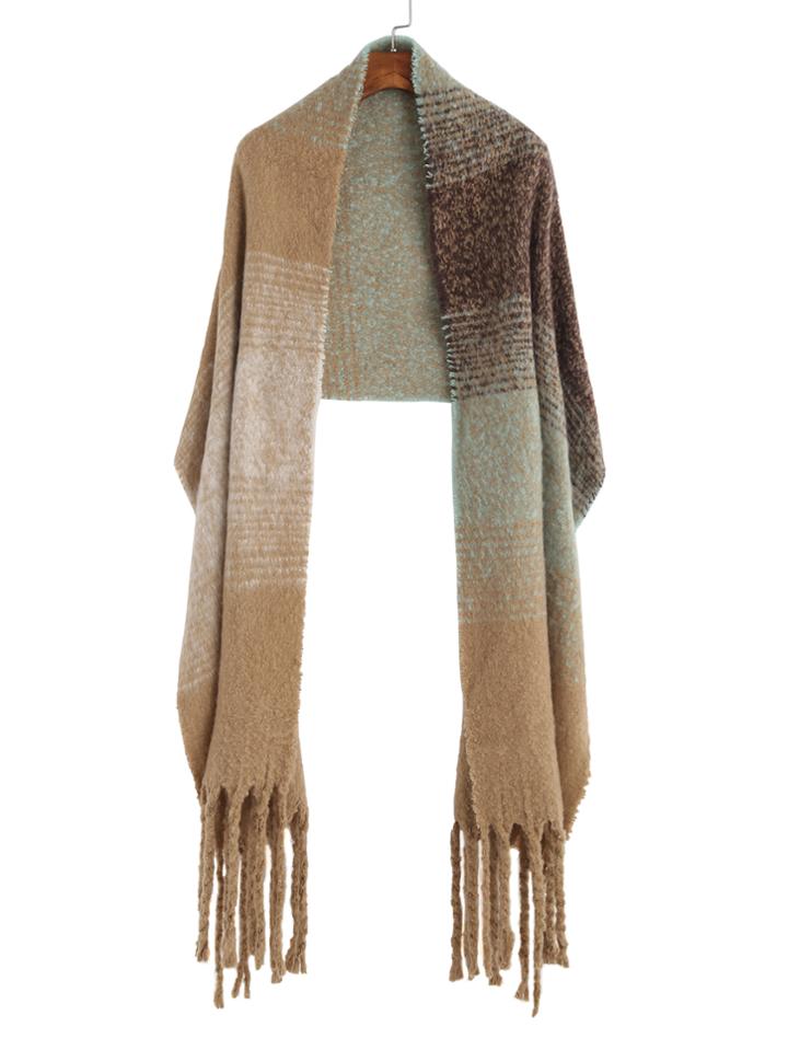 Shein Khaki Mottled Stripe Long Fringe Shawl Scarf