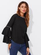 Shein Tiered Trumpet Sleeve Pearl Embellished Blouse