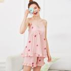 Shein Strawberry Print Ruffle Hem Cami Pajama Set