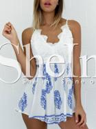 Shein White Blue Print V Scallop Neck Spaghetti Strap Romper