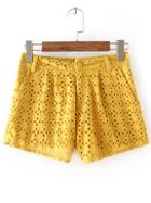 Shein Yellow Pockets Hollow Mid Waist Shorts