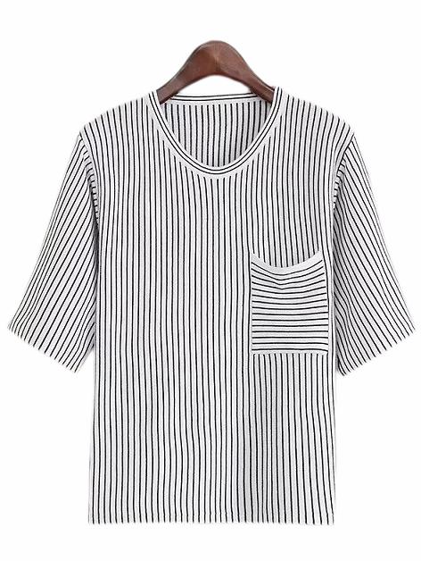 Shein White Half Sleeve Pocket Stripe Blouse
