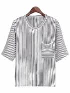 Shein White Half Sleeve Pocket Stripe Blouse