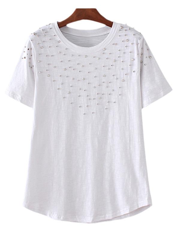 Shein White Round Neck Rivets Casual T-shirt