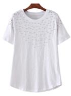 Shein White Round Neck Rivets Casual T-shirt