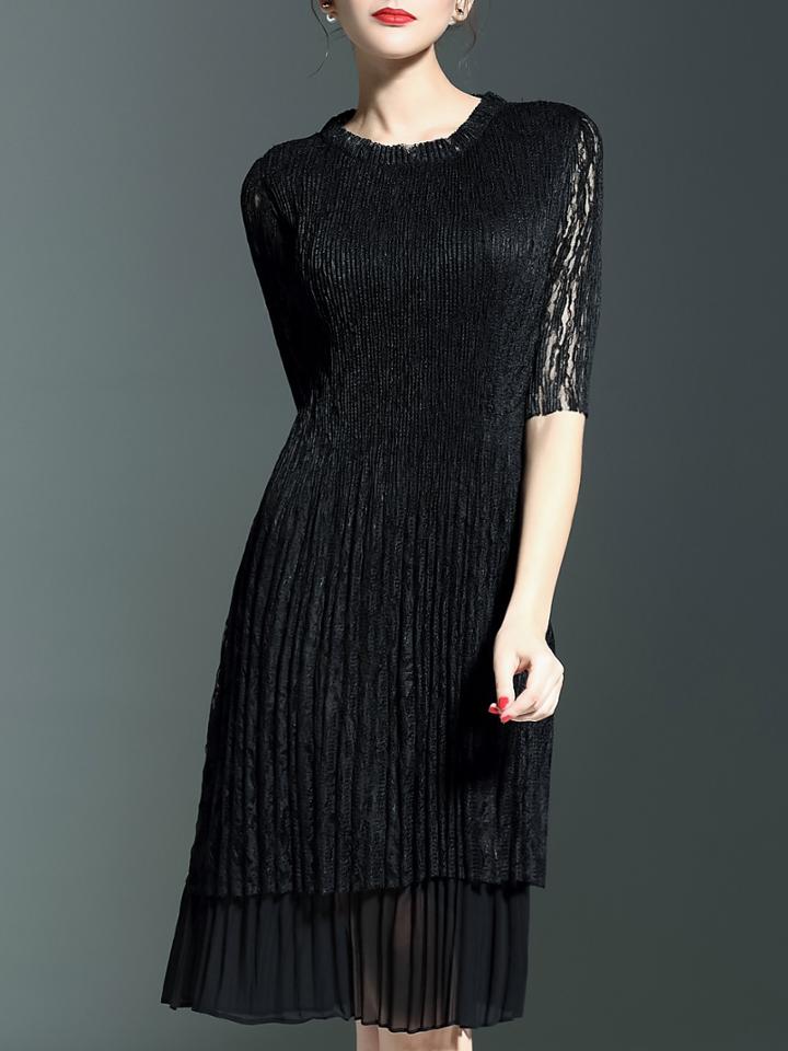 Shein Black Red Round Neck Half Sleeve Pleated Lace Dress